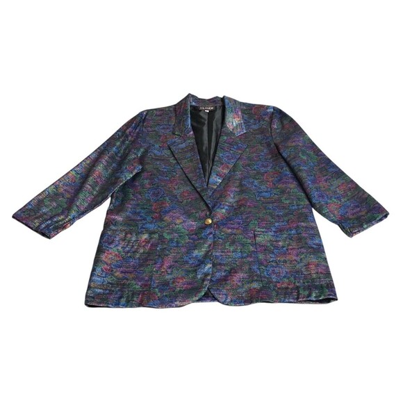 Vintage Claude Blazer Jacket 14 Floral Iridescent Shimmer Single Button 90s 80s - Picture 1 of 16